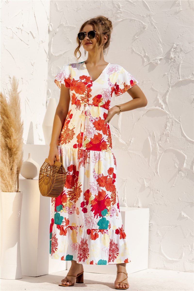 Spring Summer Short Sleeve V-neck Floral Print Lace-up Button Dress Maxi Dress - Image 4
