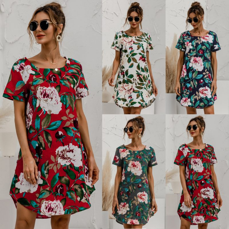 Spring Summer Plus Size  Recommended  Short Sleeve Round Neck Cotton Linen Floral Print Dress - Image 2