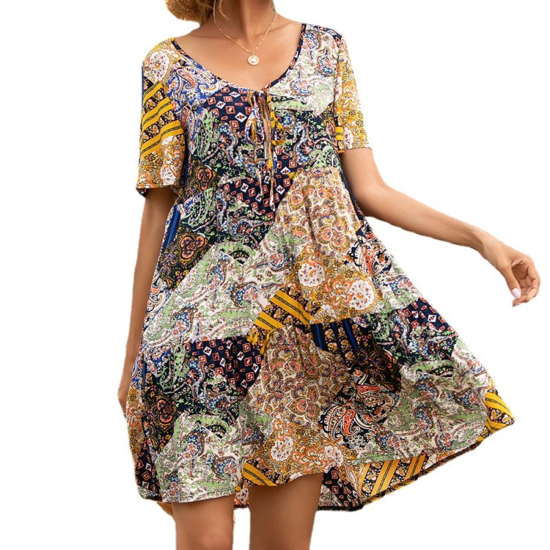 Summer Bohemian Vacation Beach Neckline Lace Short Sleeve Dress for Women - Image 4