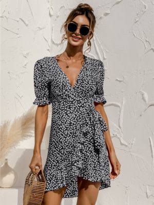 summer Sexy V-neck Floral Tie-Neck Dress