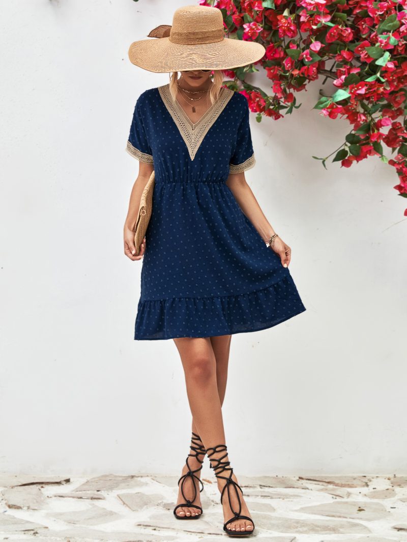Popular Women Clothing V neck Polka Dot Dress - Image 4