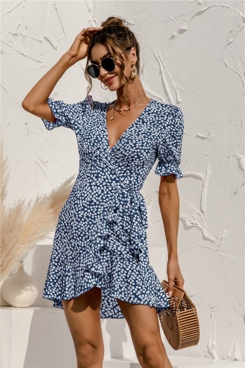 summer Sexy V-neck Floral Tie-Neck Dress - Image 3