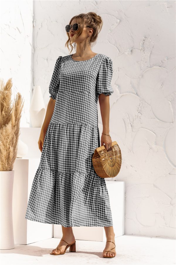 Spring/Summer Puff Sleeve Polka Dot Plaid Loose Stitching Dress Maxi Dress - Image 3