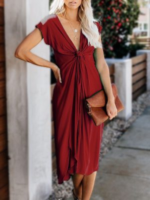 Spring Dress Solid Color Sexy Twisted V neck Midi Dress