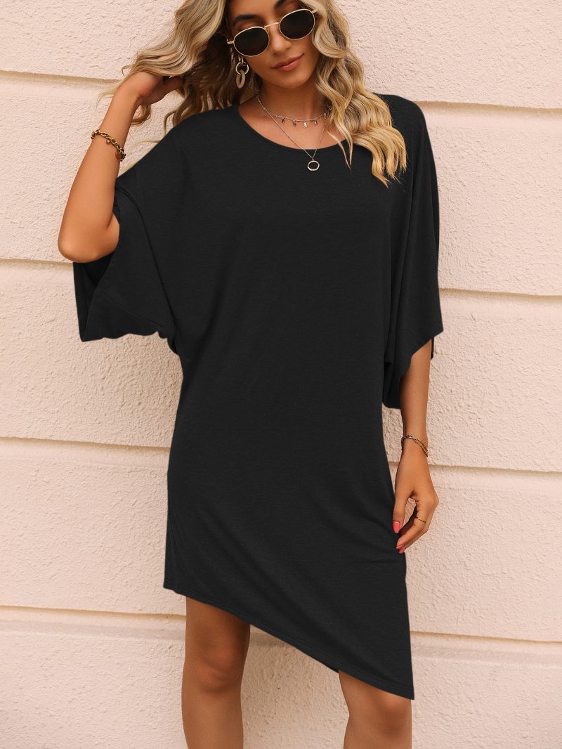 Round Neck Half Sleeve Mid Length Irregular Asymmetric Dress Casual T shirt Loose Dress - Image 4