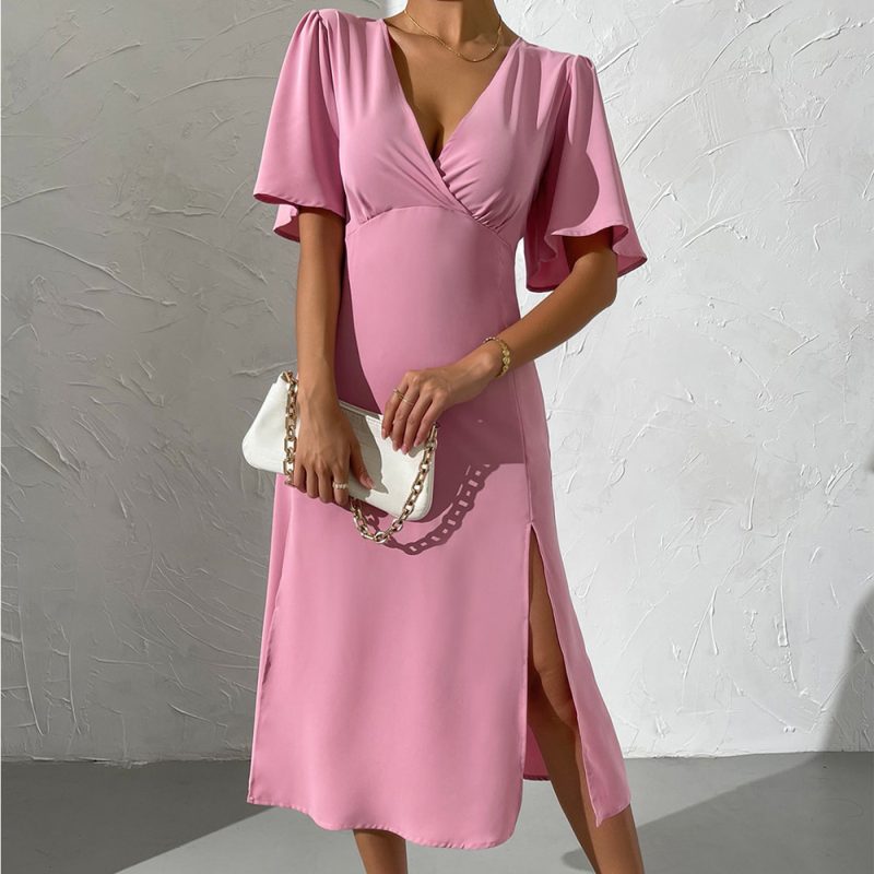 Women Clothing Solid Color Ruffle Sleeve V neck Irregular Asymmetric Sexy Sheath Split Midi Dress Women - Image 2