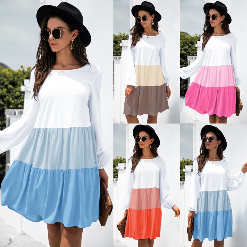Arrival Stitching Contrast Color Long-Sleeve round-Collar Dress - Image 2