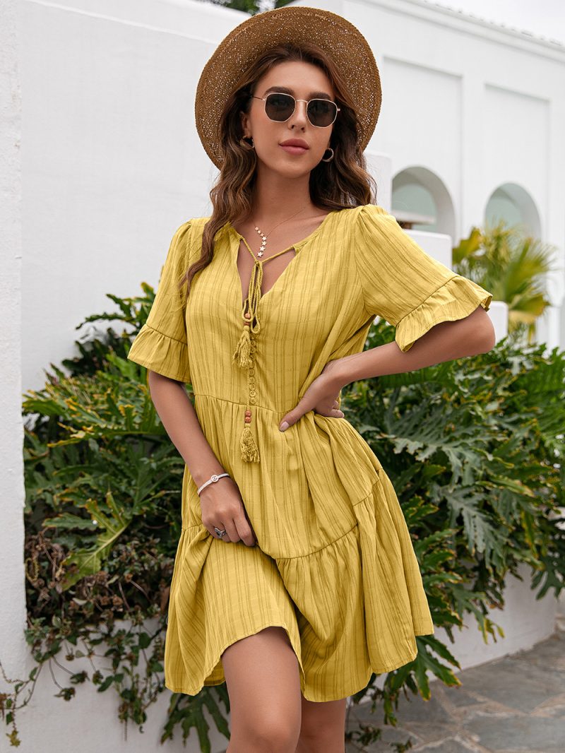 Spring Summer Women Loose Casual Dress 5 Point Sleeve Mid Length V neck Dress - Image 7