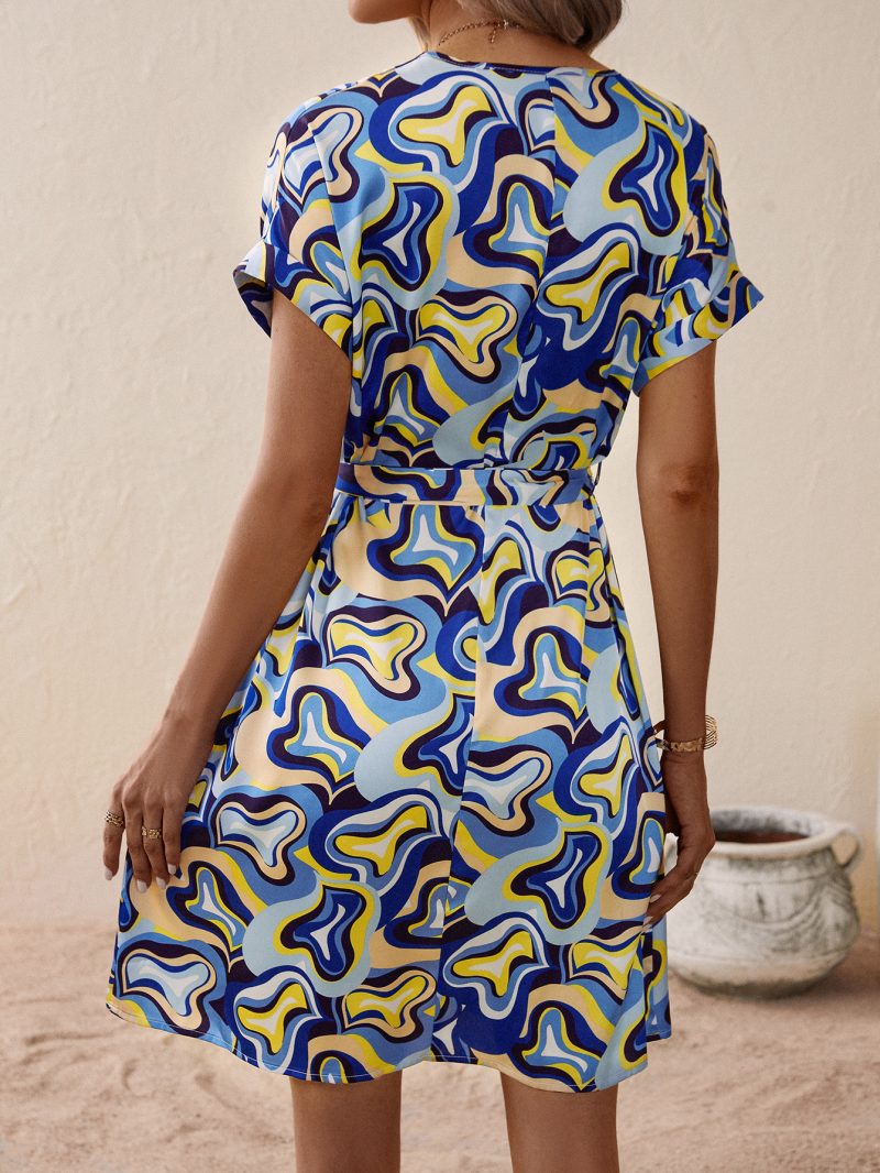 Women Clothing Lace up Waist Controlled Elegant Short Sleeve V neck Printed Dress for Women - Image 2