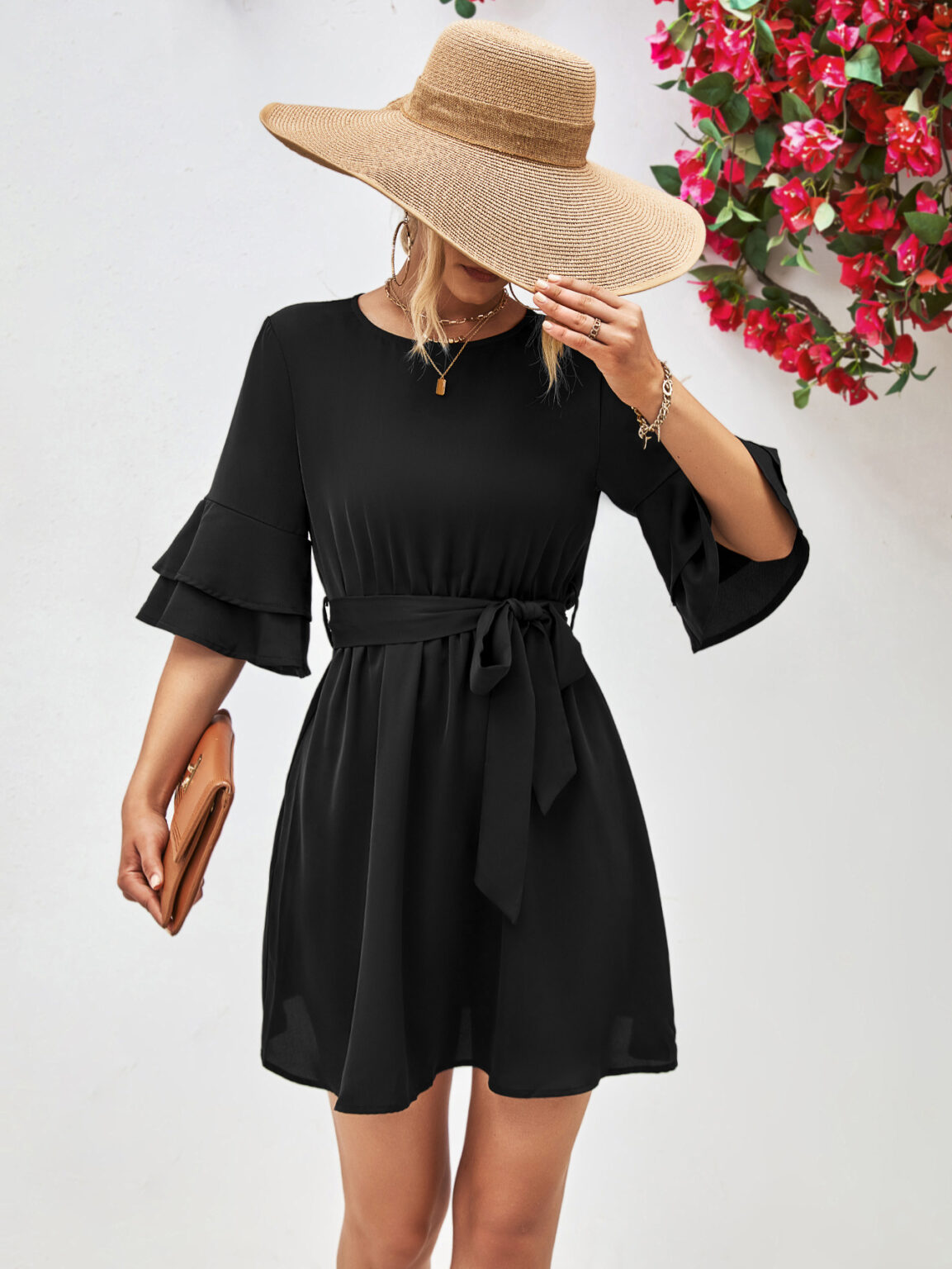 Popular Horn Ruffle Sleeve Solid Color Dress - Image 6
