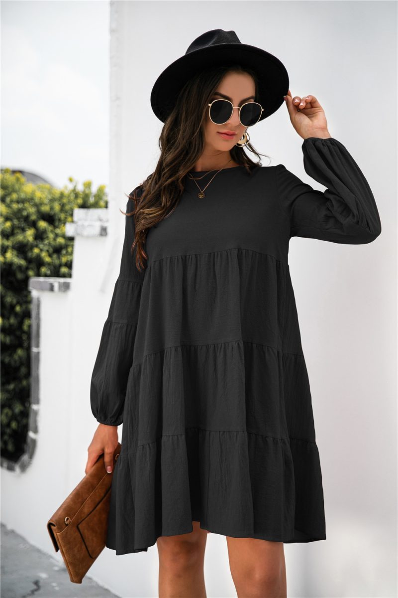 Women  Clothing Cotton Linen round-Neck Lantern Sleeve Loose Stitching Big Swing Autumn Winter Dress - Image 4