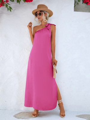 Spring Summer Eaby Oblique Shoulder Tied Dress