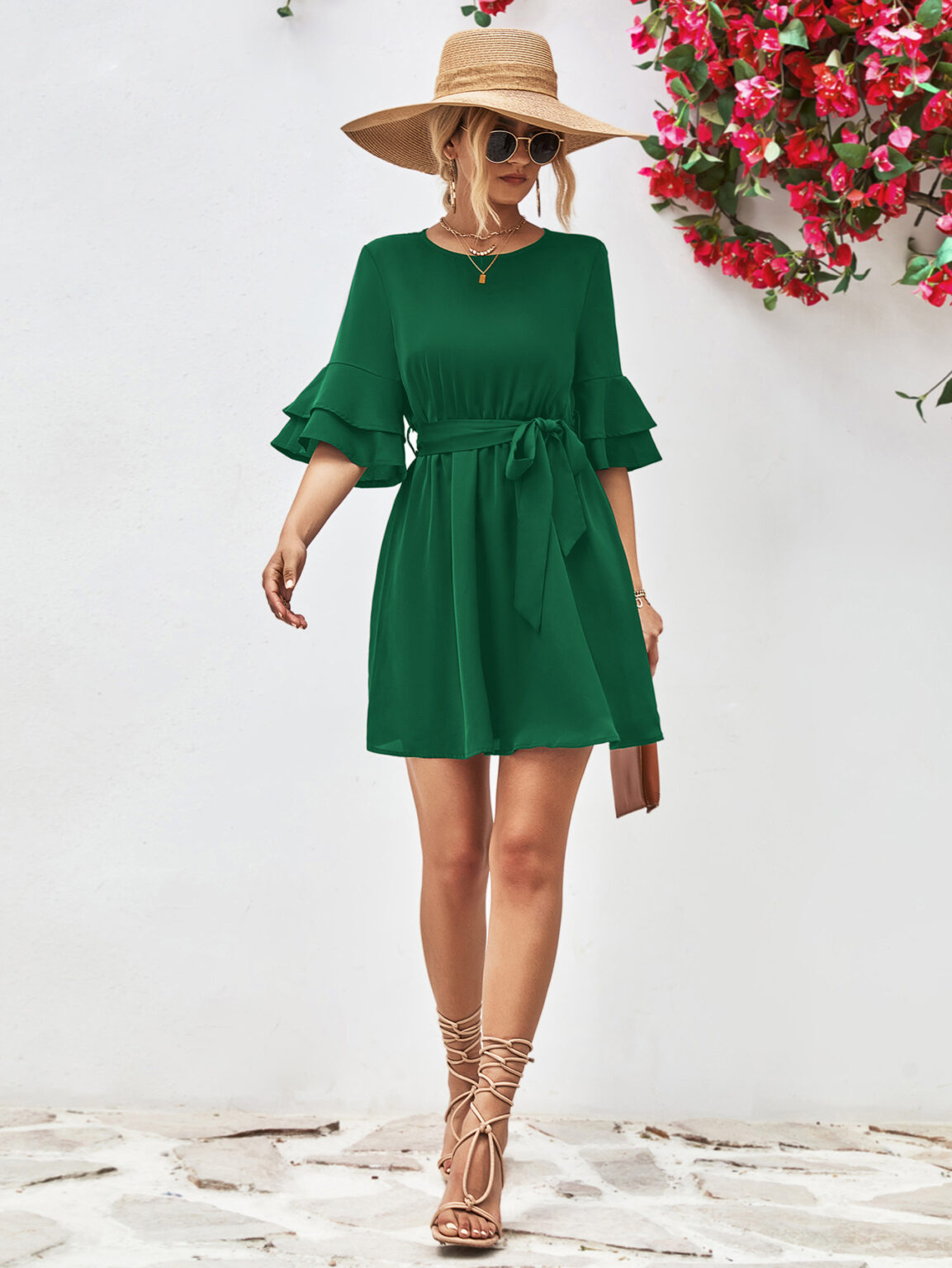 Popular Horn Ruffle Sleeve Solid Color Dress - Image 11