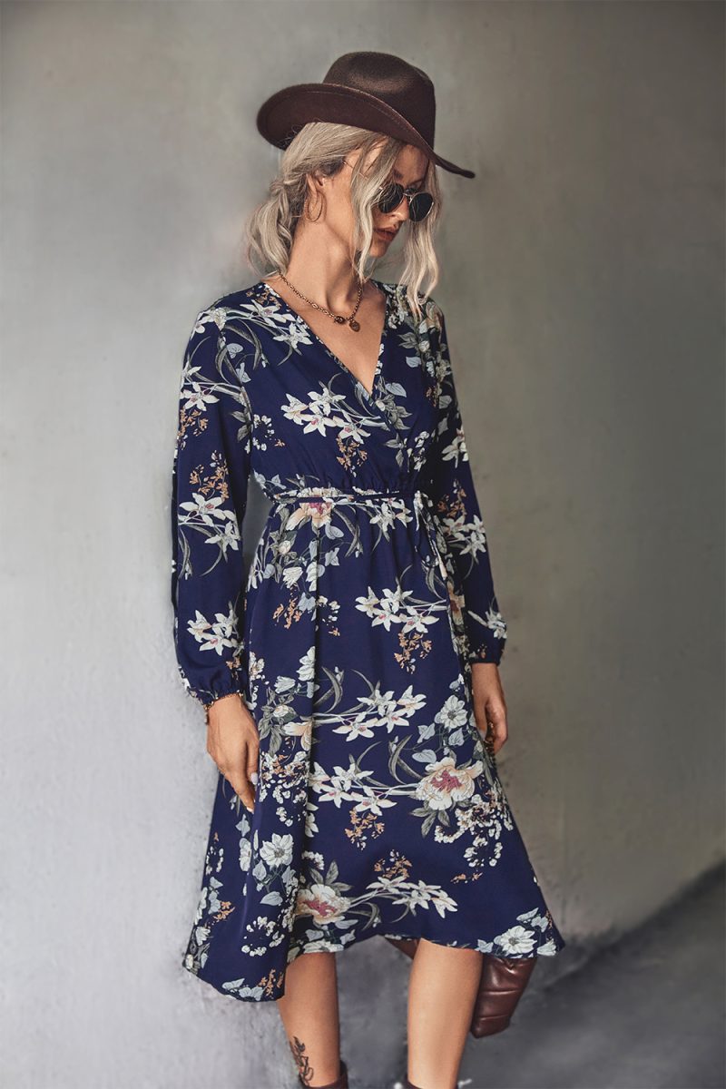 Fall Women Clothing Classic V neck Lace up Floral Print Long Sleeve Dress - Image 4