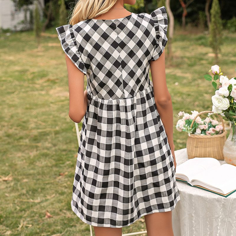 Summer Women Clothing Plaid Flying Sleeves V Neck Tight Waist Dress Women - Image 3