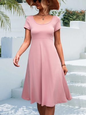 Spring Summer Basic Solid Color round Neck Slim Fit Mid Length Dress