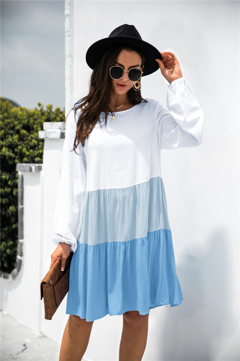 Arrival Stitching Contrast Color Long-Sleeve round-Collar Dress - Image 5