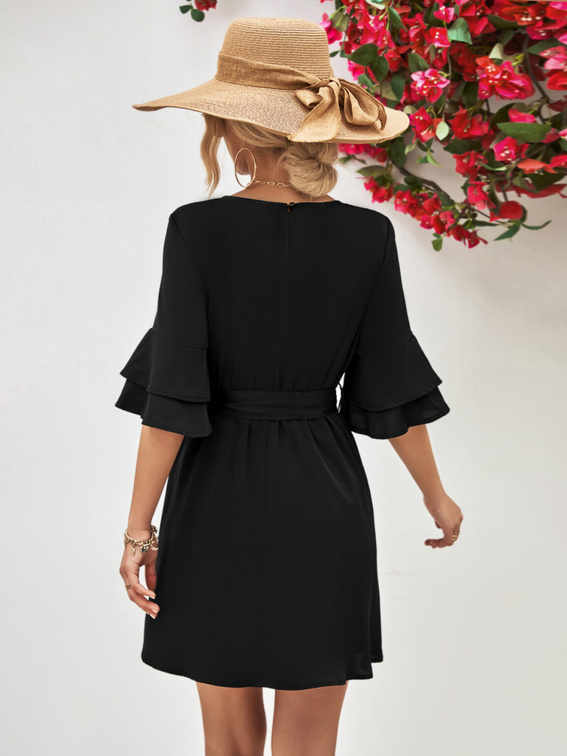Popular Horn Ruffle Sleeve Solid Color Dress - Image 8
