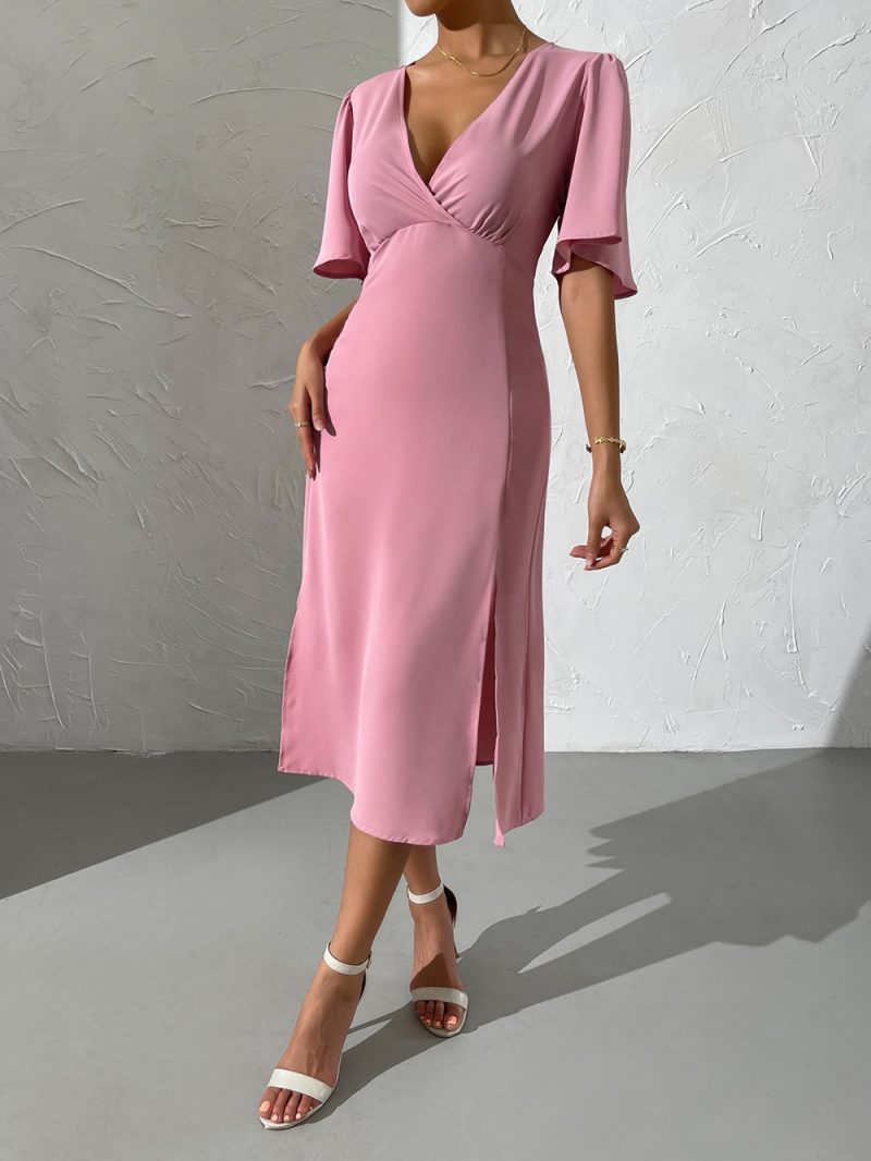 Women Clothing Solid Color Ruffle Sleeve V neck Irregular Asymmetric Sexy Sheath Split Midi Dress Women - Image 3