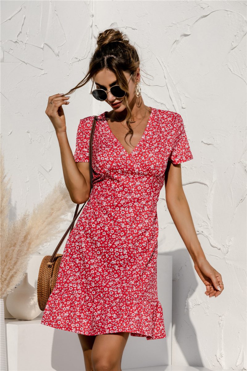 Spring Summer  V-neck Small Floral Cake Stitching Ruffle Swing Dress - Image 3