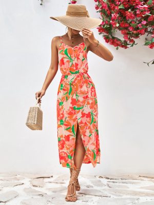 Popular Spaghetti Strap Floral Print Split Dress