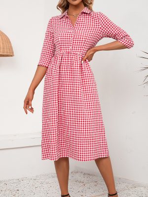 Loose Casual Mid Length Plaid Collared Shirt Dress Women