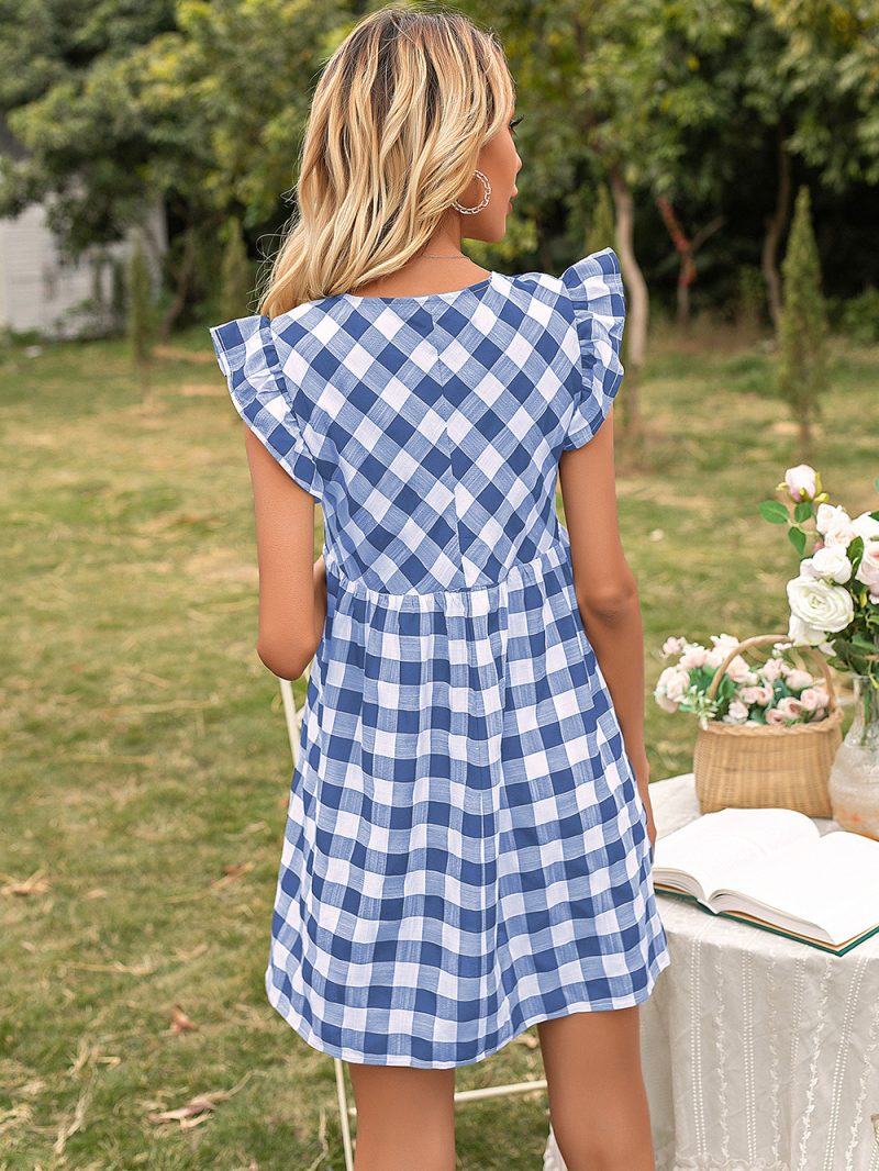 Summer Women Clothing Plaid Flying Sleeves V Neck Tight Waist Dress Women - Image 5