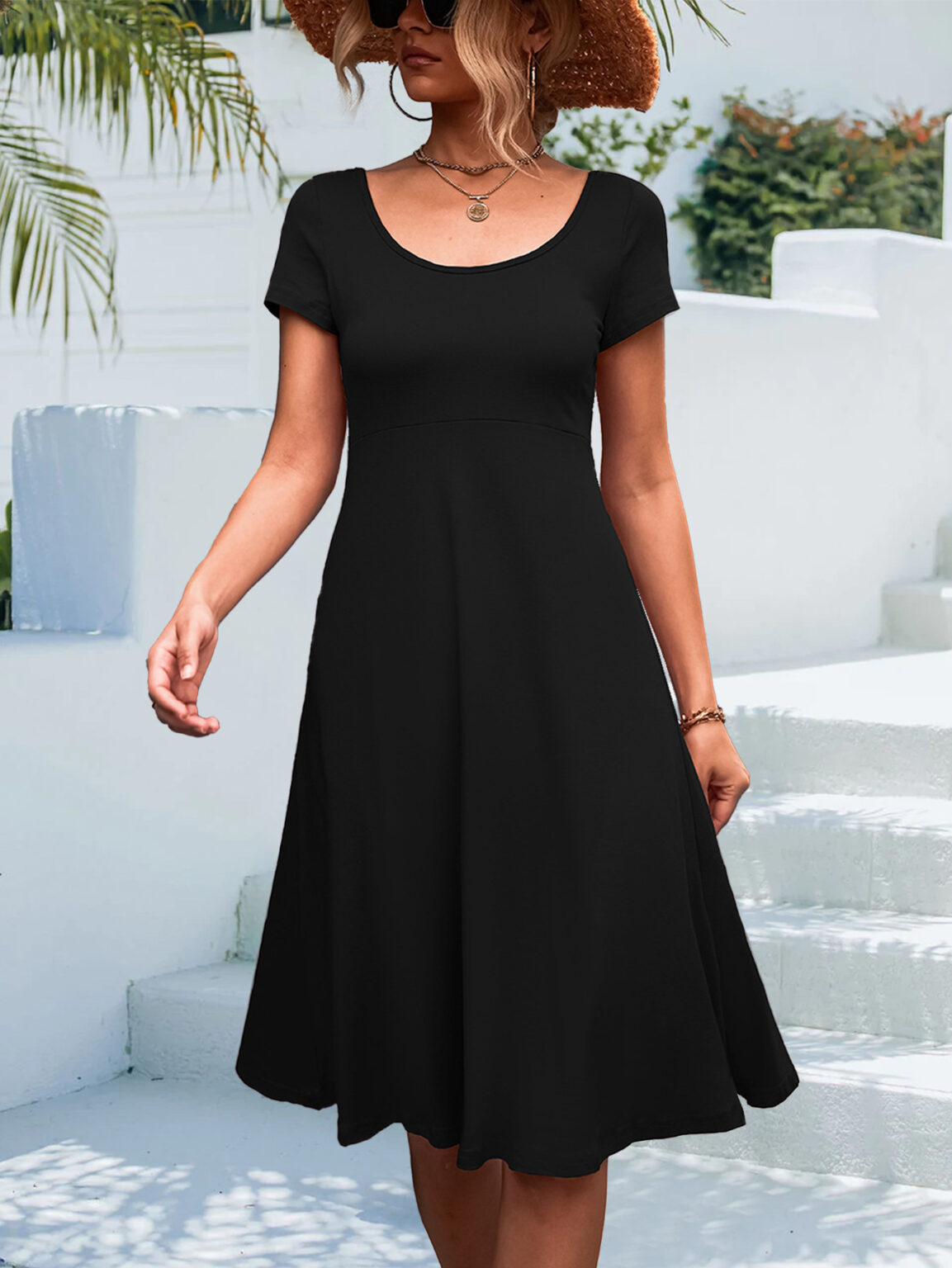 Spring Summer Basic Solid Color round Neck Slim Fit Mid Length Dress - Image 3