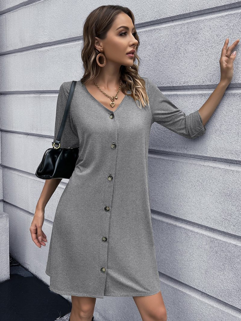 Autumn Winter Women Solid Color V neck Knitted Dress Mid Length Long Sleeve Dress Women - Image 5