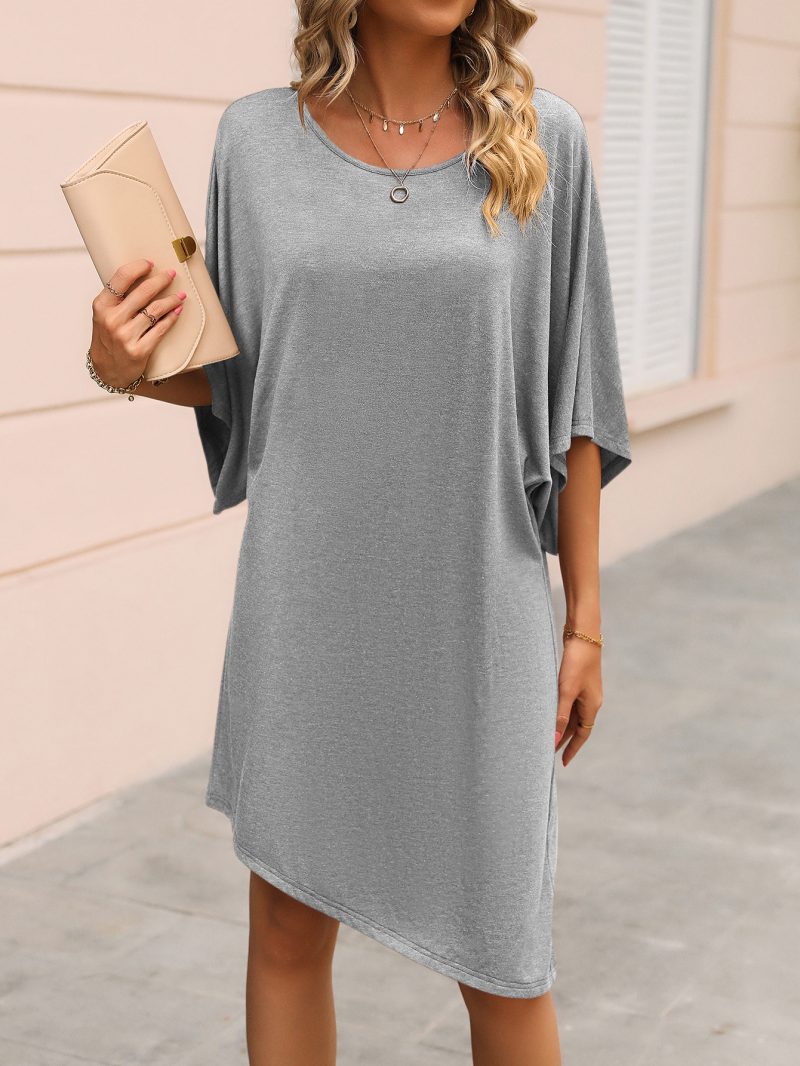 Round Neck Half Sleeve Mid Length Irregular Asymmetric Dress Casual T shirt Loose Dress - Image 5