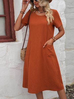 Summer Cotton Linen Solid Color Loose Round Neck Short Sleeve Dress