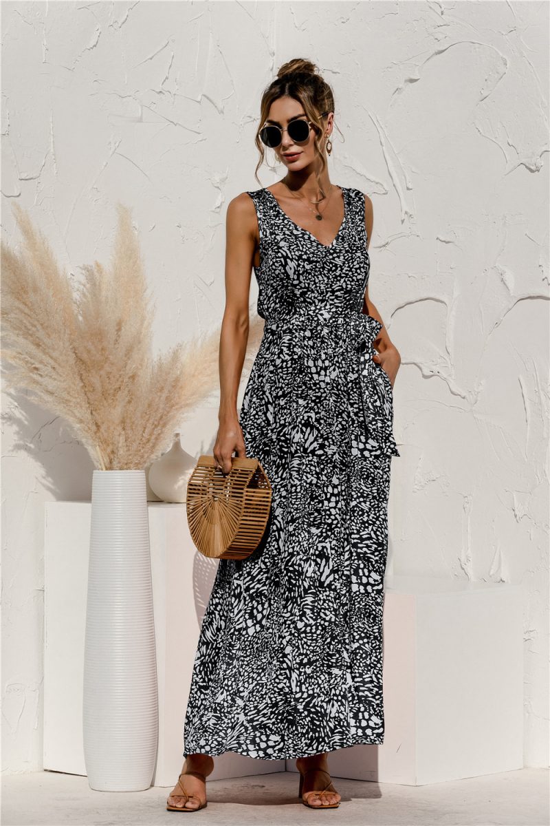 Spring Summer Leopard Print V-neck Lace-up Dress - Image 4