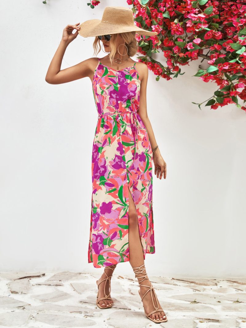 Popular Spaghetti Strap Floral Print Split Dress - Image 9