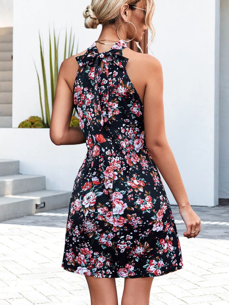 Spring Summer Sleeveless Printed Lace up Halter Dress Little Short Dress - Image 2