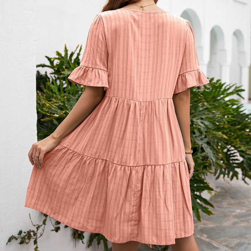 Spring Summer Women Loose Casual Dress 5 Point Sleeve Mid Length V neck Dress - Image 3