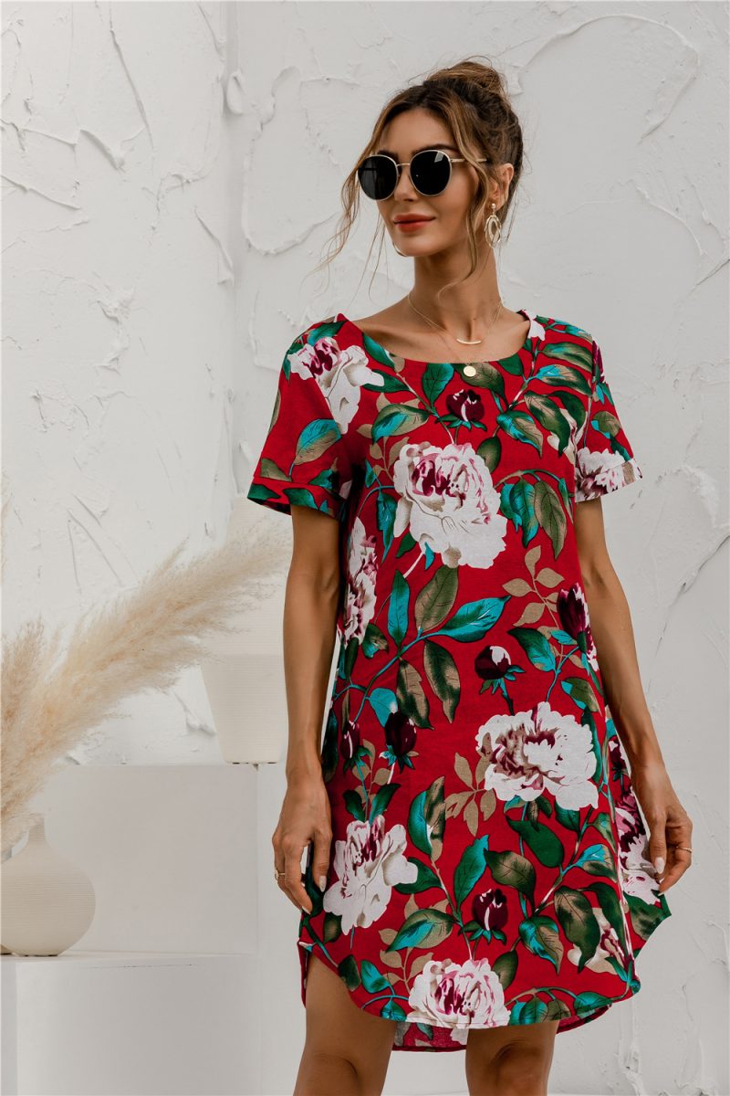 Spring Summer Plus Size  Recommended  Short Sleeve Round Neck Cotton Linen Floral Print Dress - Image 3