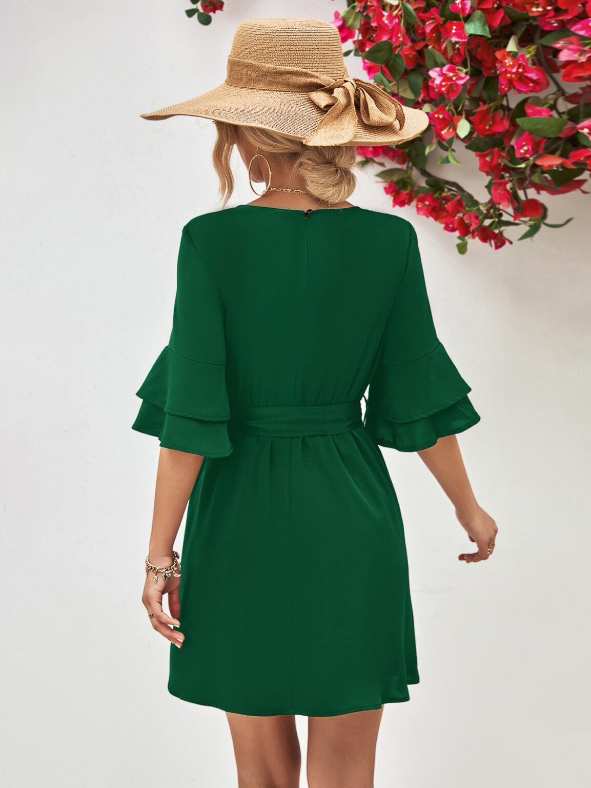 Popular Horn Ruffle Sleeve Solid Color Dress - Image 12