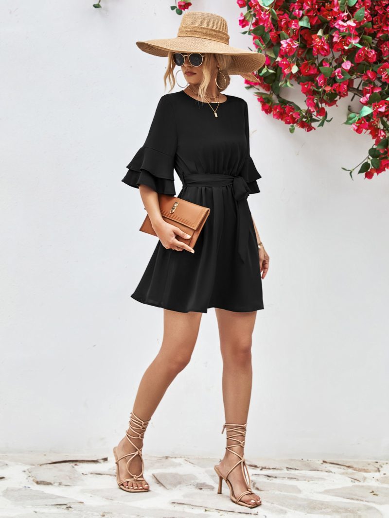 Popular Horn Ruffle Sleeve Solid Color Dress - Image 7