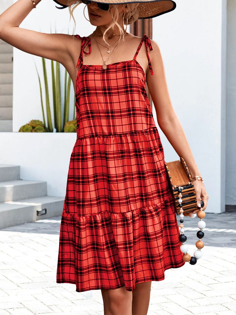 Spring Summer Classic Plaid Stitching Strap Dress Women - Image 3