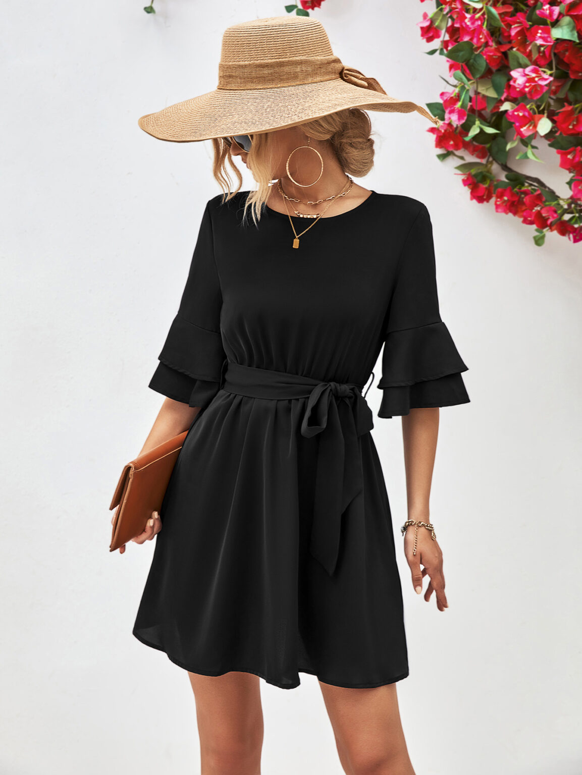 Popular Horn Ruffle Sleeve Solid Color Dress - Image 5