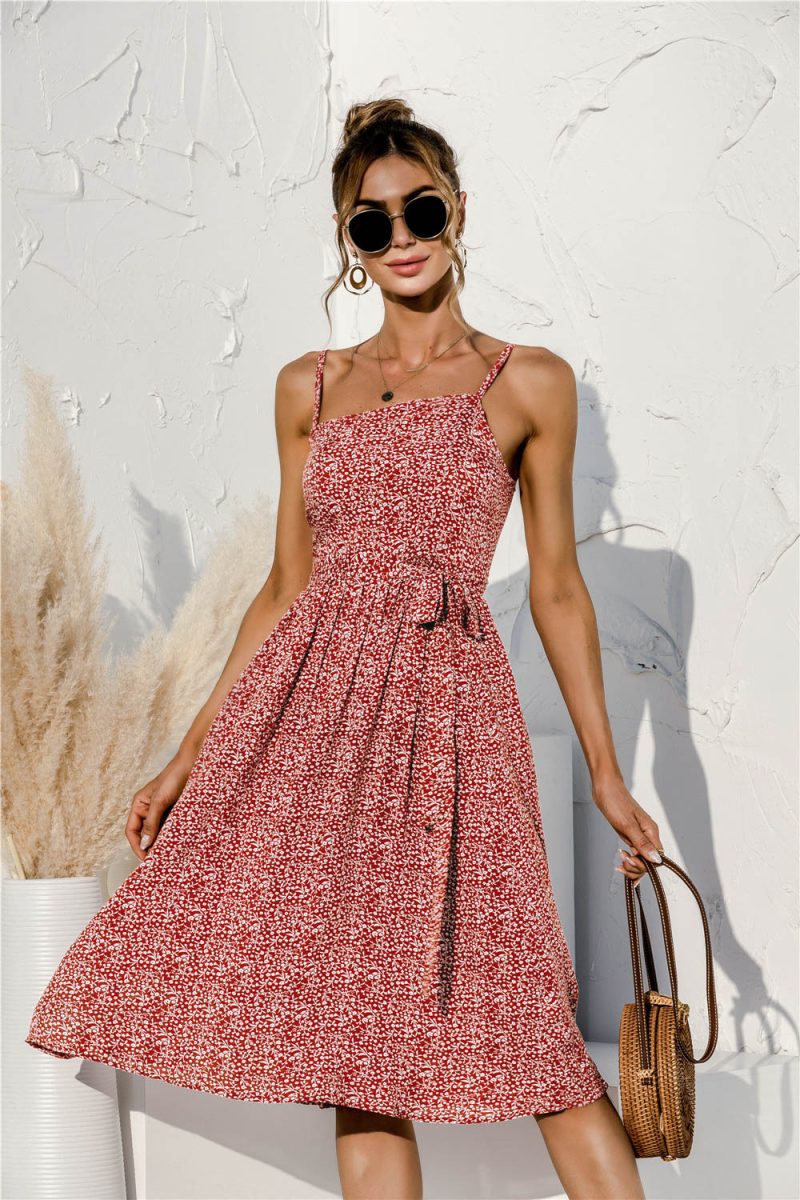 Sundress Summer Sexy Irregular Asymmetric Spaghetti-Strap Tie-Shoulder Floral Dress