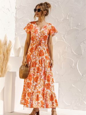 Spring Summer Short Sleeve V-neck Floral Print Lace-up Button Dress Maxi Dress