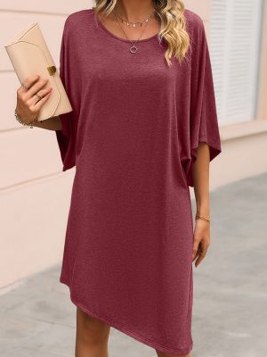 Round Neck Half Sleeve Mid Length Irregular Asymmetric Dress Casual T shirt Loose Dress