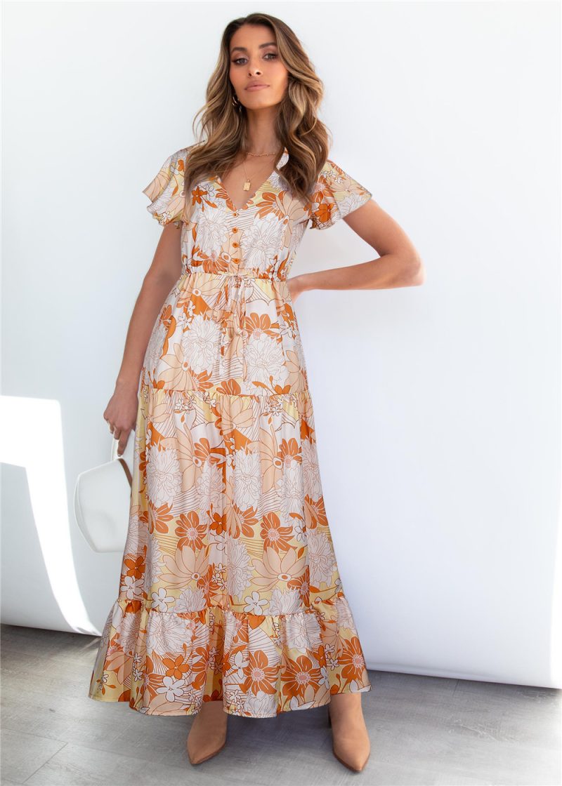 V-neck Printed Lace-up Dress for Spring Summer - Image 2