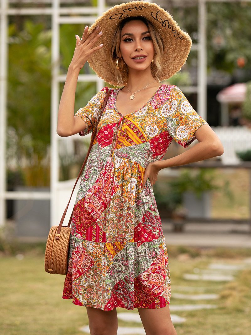 Summer Bohemian Vacation Beach Neckline Lace Short Sleeve Dress for Women - Image 8