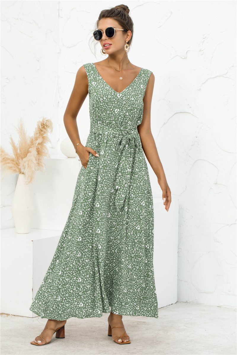 Spring Summer Leopard Print V-neck Lace-up Dress