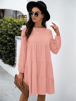 Women  Clothing Cotton Linen round-Neck Lantern Sleeve Loose Stitching Big Swing Autumn Winter Dress