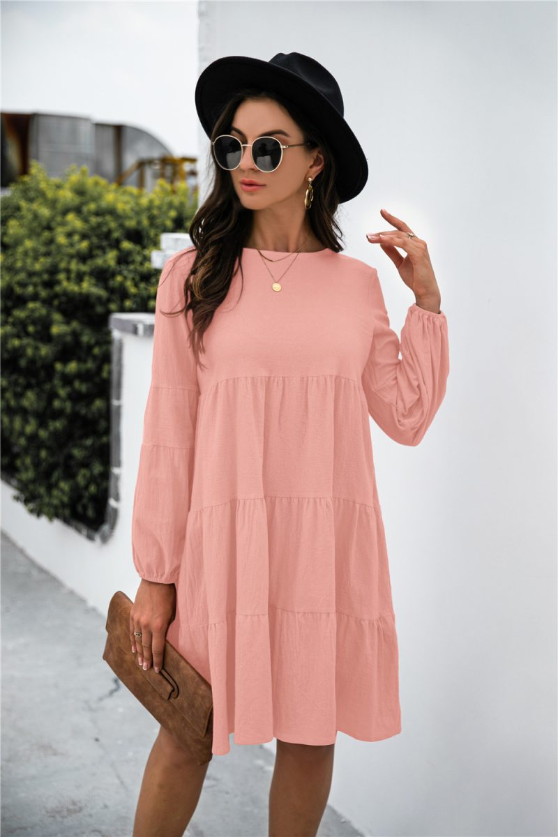 Women  Clothing Cotton Linen round-Neck Lantern Sleeve Loose Stitching Big Swing Autumn Winter Dress