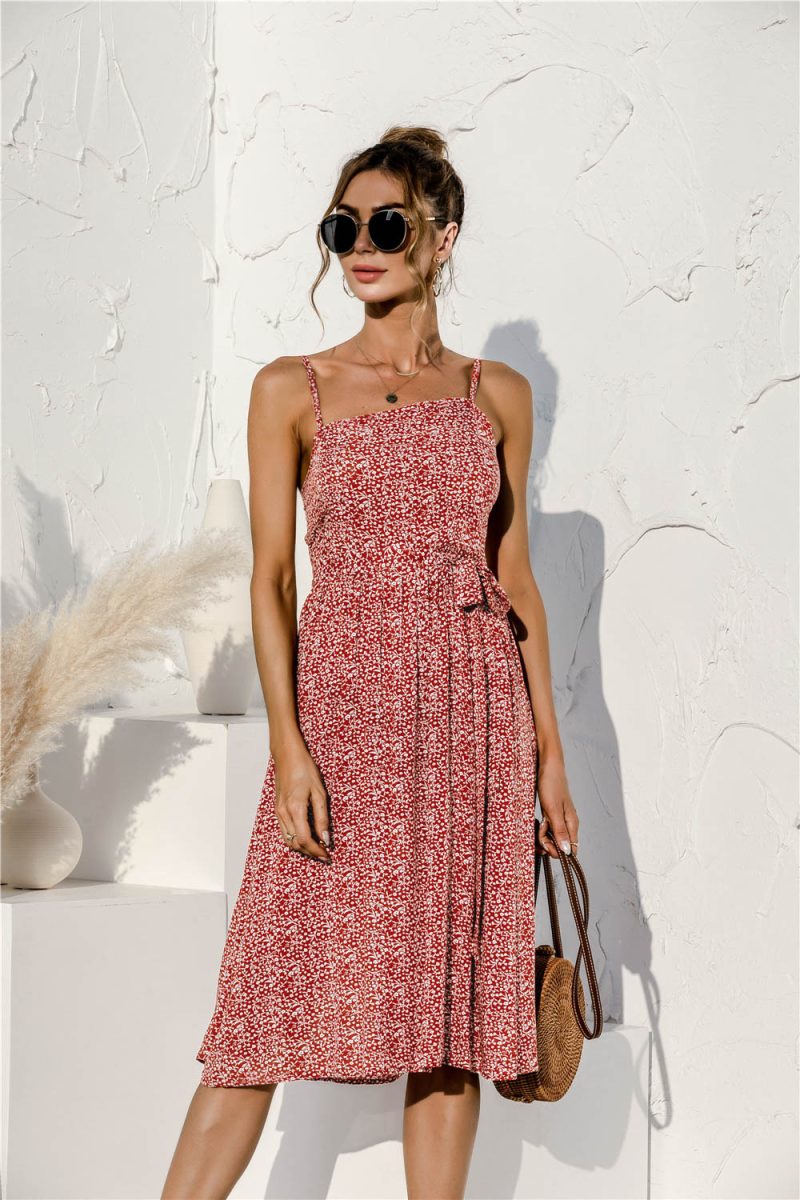 Sundress Summer Sexy Irregular Asymmetric Spaghetti-Strap Tie-Shoulder Floral Dress - Image 3