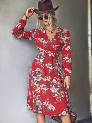 Fall Women Clothing Classic V neck Lace up Floral Print Long Sleeve Dress